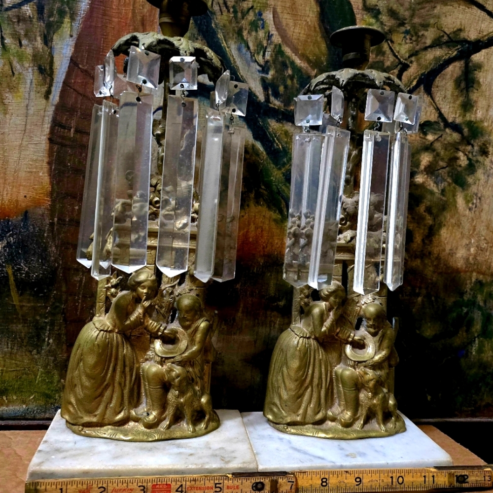 Antique Victorian Girandole Candlesticks With Hanging Crystal Prisms - Set of 2